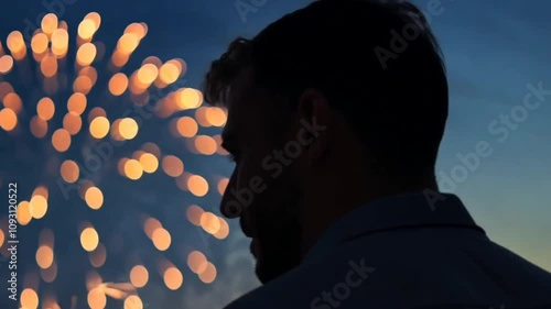 Men celebrating under blue sky with fireworks