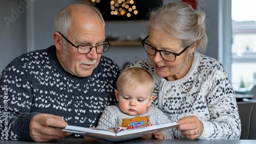 Grandparents reading a book with their grandson, bonding and family moments