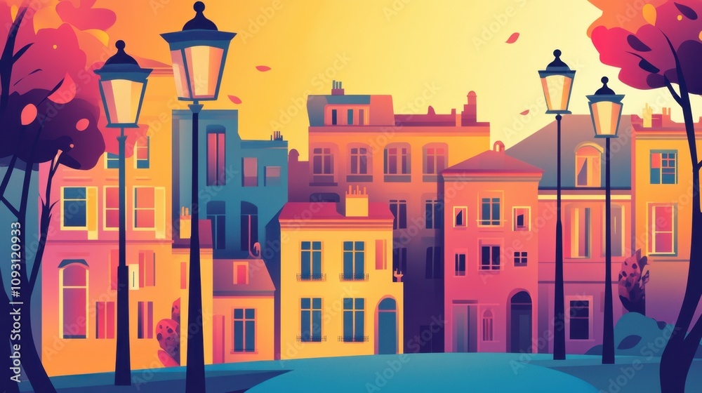 Vibrant Urban Landscape at Sunset with Colorful Buildings, Street Lamps, and Autumn Leaves in a Dreamy Artistic Style