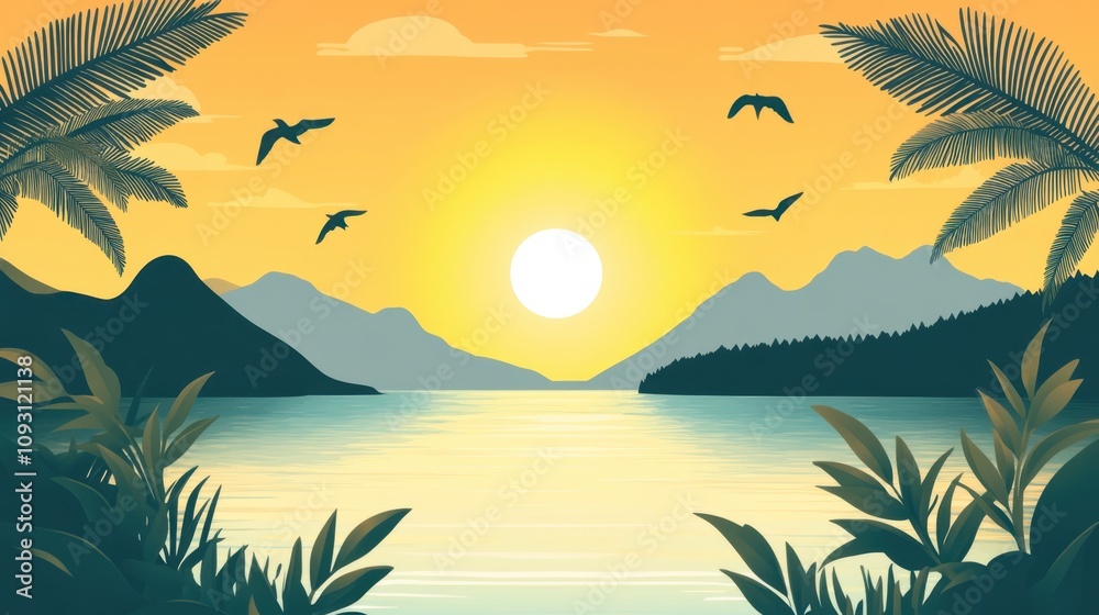 Serene Sunset Over Calm Water with Mountains and Silhouetted Birds in a Tropical Landscape Illustrating Peaceful Natural Beauty and Relaxation Serene Sunset Over Calm Water with Mountains and Silhouetted Birds in a Tropical Landscape Illustrating Peaceful Natural Beauty and Relaxation