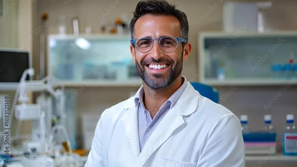 Male laboratory technician standing confidently in a white coat, science and innovation
