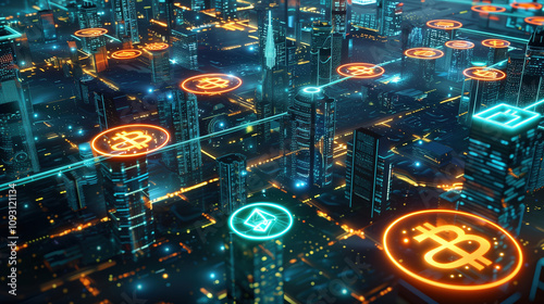 High-Tech Cityscape Featuring Digital Currency Icons, Blockchain, and Financial Network in a Futuristic Setting photo