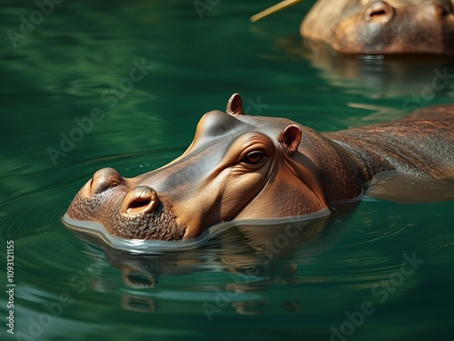 there are two hippos swimming in the water together. photo