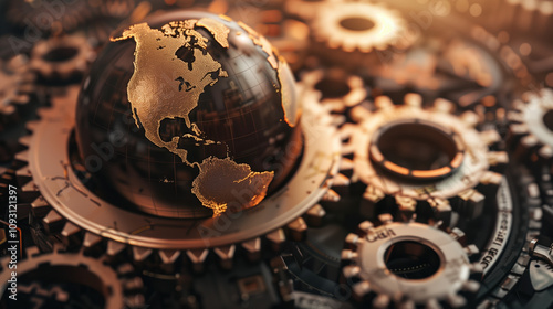 Global Business Concept with Earth Encircled by Gears and Machinery, Symbolizing Global Trade and Connectivity photo