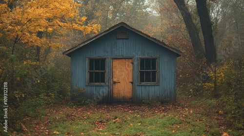 A serene blue wooden cabin stands alone in a misty forest, surrounded by autumn foliage and lush greenery, embodying a peaceful retreat within nature