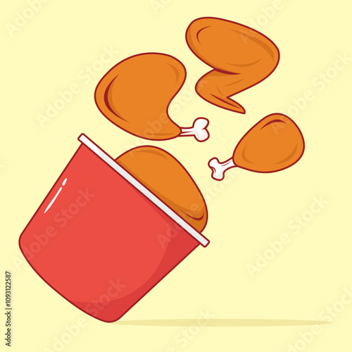 Fried chicken pieces flying out of a red bucket on a yellow background. Perfect for food advertising or restaurant promotions.