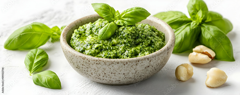 Photo Homemade Pesto Sauce Basil Macadamia Nuts Photo Homemade Pesto Sauce Basil Macadamia Nuts