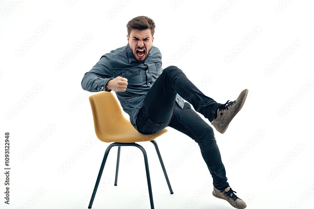 Angry young man kicking a chair isolated on white background. Unable to control emotions aggressive expression Angry young man kicking a chair isolated on white background. Unable to control emotions aggressive expression