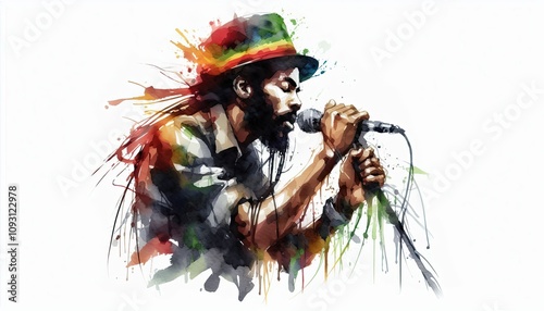 man performing Reggae music in watercolor illustration with loose and fluid forms