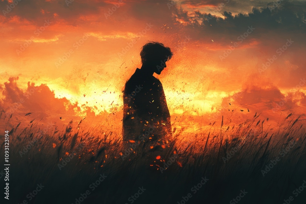 Obraz premium Silhouette Man Stands in Field Fiery Sunset Sky