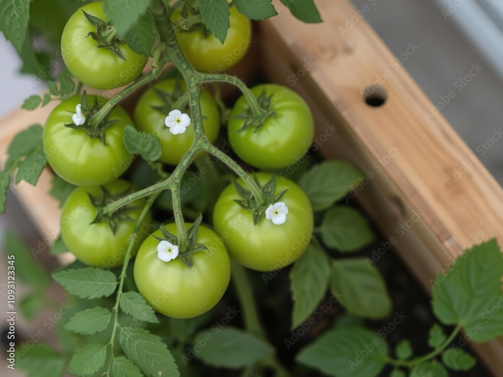 Green tomato plant with delicate white flowers on a wooden planter box, outdoor, plants, soil Green tomato plant with delicate white flowers on a wooden planter box, outdoor, plants, soil