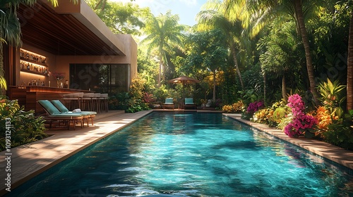 Luxurious tropical pool with a swim-up bar, lush greenery and vibrant flowers encircling the area, clear blue water reflecting sunlight, cozy bar stools immersed in the water,