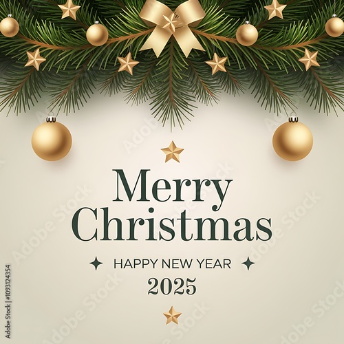 Festive Christmas Greeting with Gold Ornaments and Stars