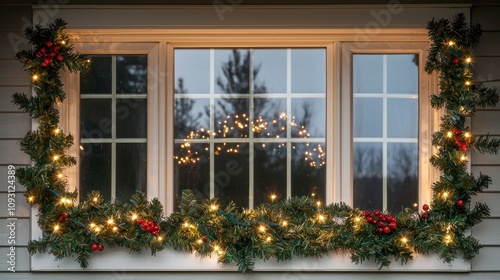 Fototapeta Naklejka Na Ścianę i Meble -  A Christmas garland wrapped around a window frame, with small twinkling lights and festive decorations