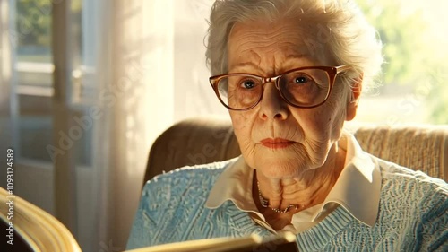 Elderly woman reading a book at home, enjoying a quiet and relaxing momen photo