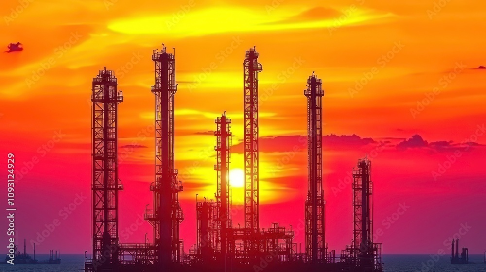 Industrial sunset over oil refinery coastal region photography urban environment wide angle energy production Industrial sunset over oil refinery coastal region photography urban environment wide angle energy production