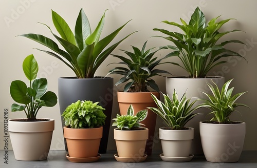 Realistic houseplants in flowerpots arranged against a neutral wall. Perfect for home decor, indoor plants, or interior design projects.