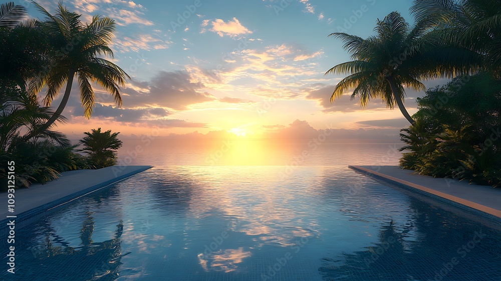 Luxury pool at dawn, calm water reflecting the golden sunrise, lush tropical palm trees framing the scene, serene and peaceful vibe, morning light creating soft shadows, photorealistic quality,