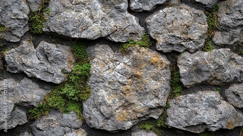 A rugged stone wall, marked by age, is interspersed with patches of vibrant green moss, highlighting a striking contrast between nature and texture. photo