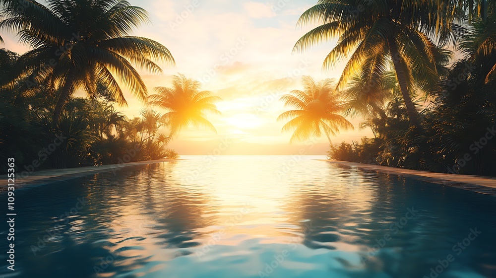 Luxury pool at sunrise, still water reflecting tropical palm trees, soft golden light streaming through the leaves, calm and peaceful atmosphere, photorealistic style, hd clarity, Luxury pool at sunrise, still water reflecting tropical palm trees, soft golden light streaming through the leaves, calm and peaceful atmosphere, photorealistic style, hd clarity,