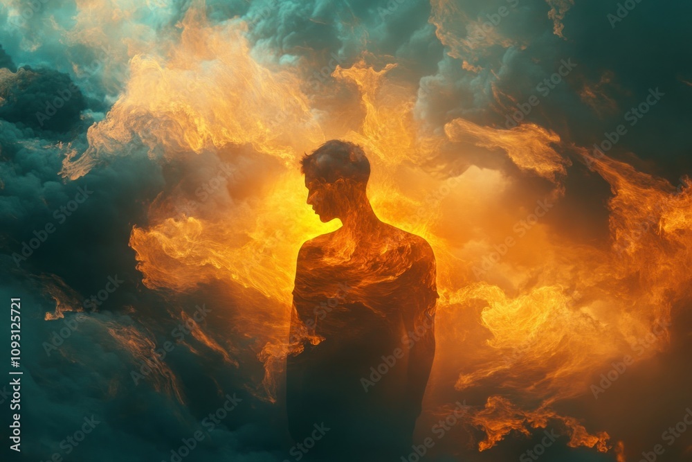 Obraz premium Silhouette Person Embracing Fiery Celestial Cloudscape
