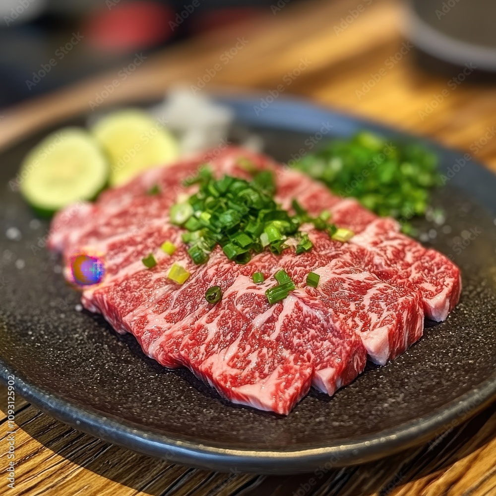 A beautifully plated dish of marbled beef, garnished with green onions and lime, showcasing an appetizing presentation of premium meat. A beautifully plated dish of marbled beef, garnished with green onions and lime, showcasing an appetizing presentation of premium meat.