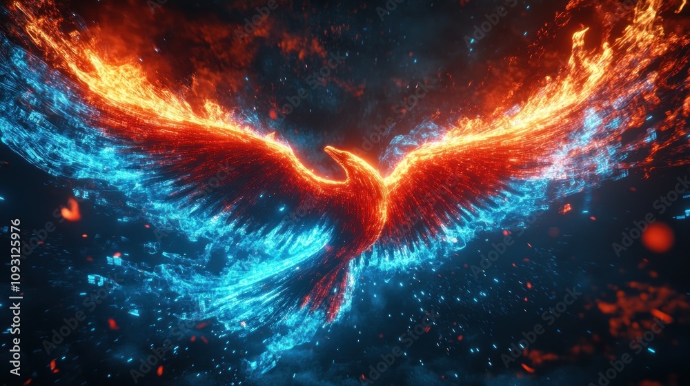 Ethereal phoenix in dynamic red and blue dual hues. Ethereal phoenix in dynamic red and blue dual hues.