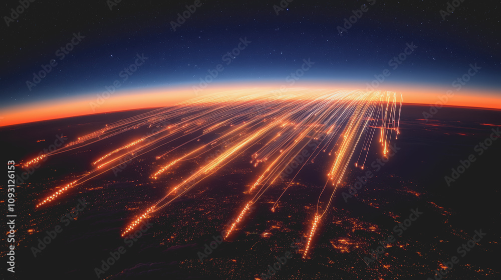 Obraz premium Abstract Visualization of a Network with Glowing Nodes and Lines in a Digital Landscape, Representing Connectivity and Data Flow at Dusk