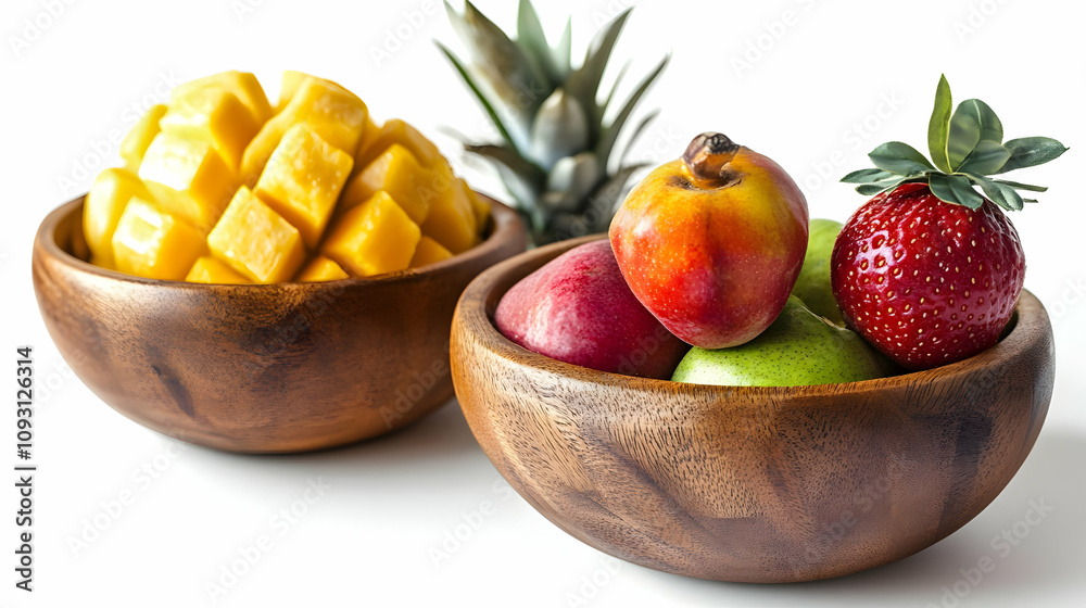 Photo Fresh Mango Strawberry Apple Pineapple Fruit Wooden Bowl Photo Fresh Mango Strawberry Apple Pineapple Fruit Wooden Bowl