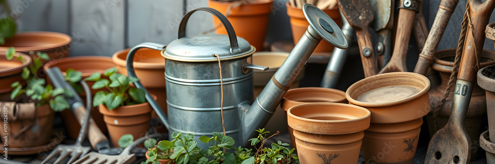An old metal watering can, surrounded by terracotta pots and gardening tools. Generative AI An old metal watering can, surrounded by terracotta pots and gardening tools. Generative AI