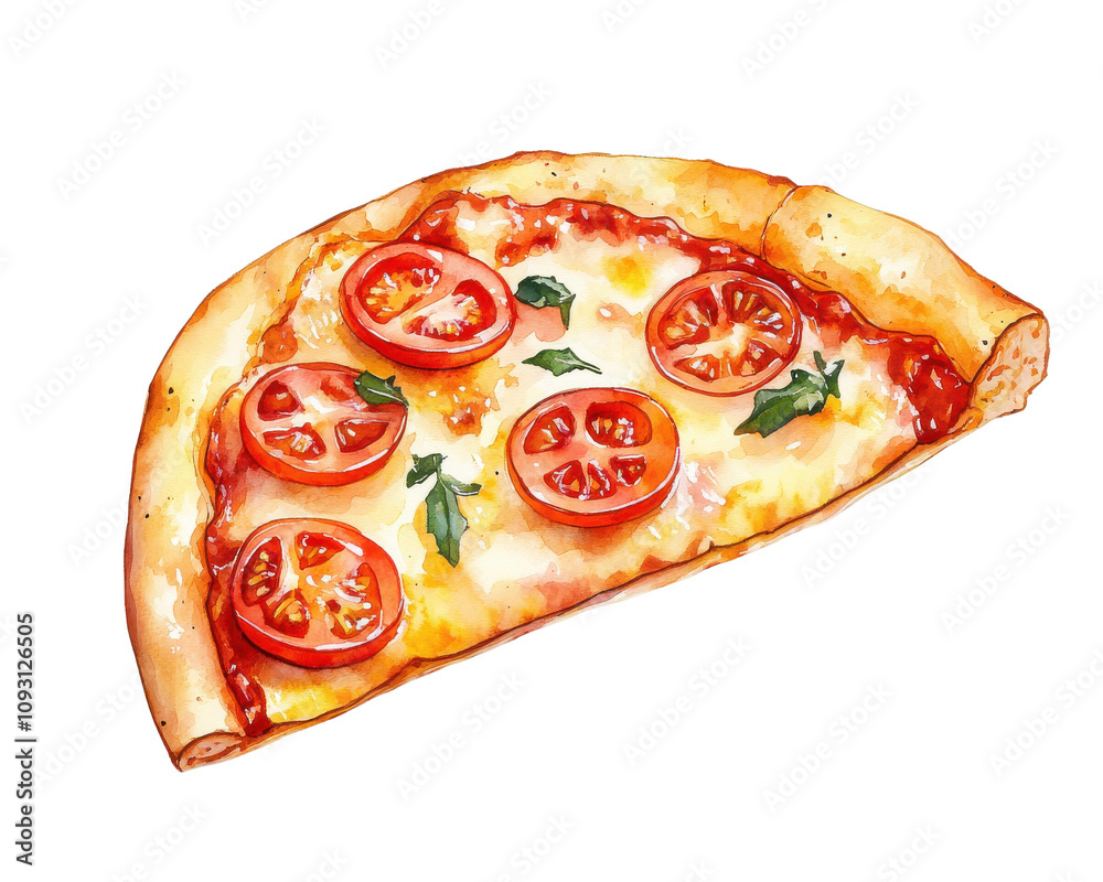 Delicious pizza slice with fresh tomatoes and herbs, white isolated background