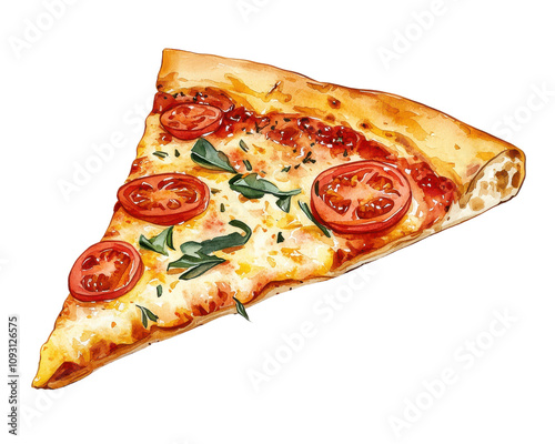 Delicious slice of pizza with tomatoes and basil on a white isolated background.