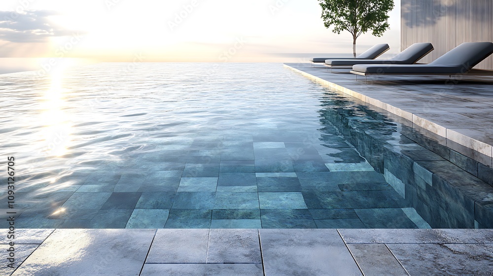Fototapeta premium Minimalist pool design, sleek stone tiles and contemporary lounge chairs, tranquil blue water, sharp reflections of sunlight, clean lines and modern architecture, peaceful and serene setting,