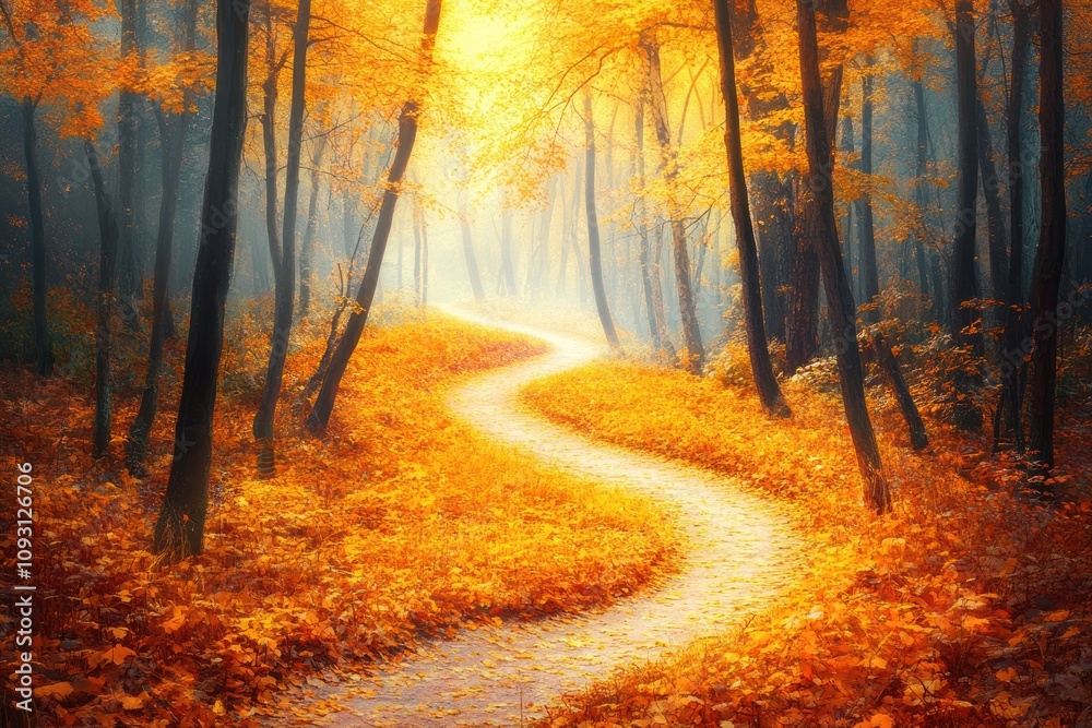 Fototapeta premium Autumn Path Winding Through Golden Forest