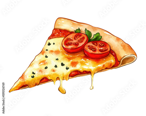 Delicious pizza slice topped with cheese, tomato, and herbs, white isolated background.