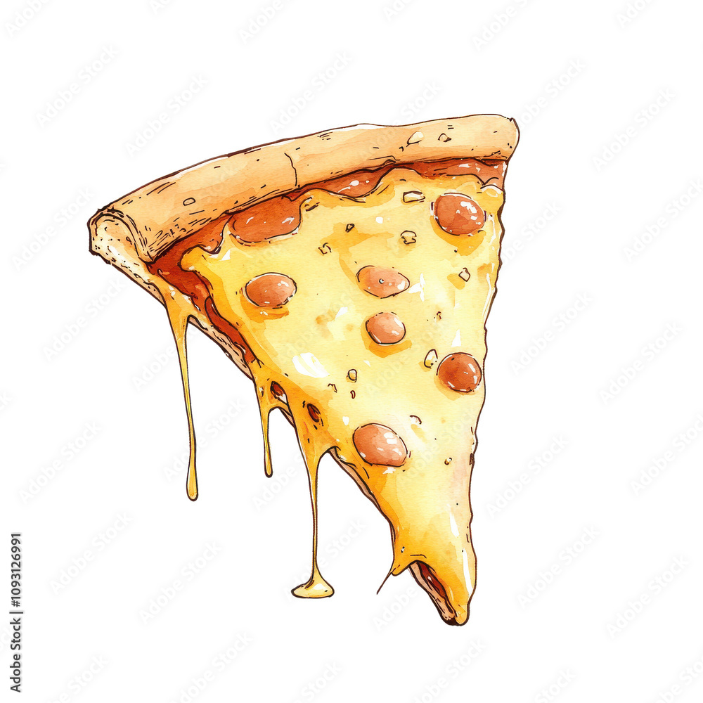 Delicious pizza slice with melted cheese and pepperoni, white isolated background.