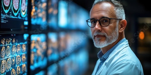 An experienced male scientist with gray hair and glasses examines brain x-ray images displayed on a digital screen in a modern laboratory environment photo