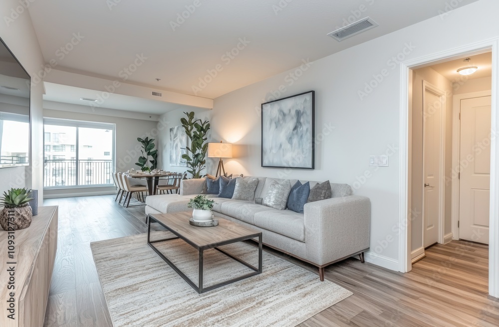 Fototapeta premium Modern Living Room in a Stylish Apartment Showcasing Minimalist Design and Cozy Ambiance in a Tranquil Neighborhood During Daylight Hours