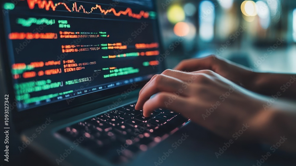 A close-up of hands typing on a laptop, displaying data and graphs on the screen. A close-up of hands typing on a laptop, displaying data and graphs on the screen.