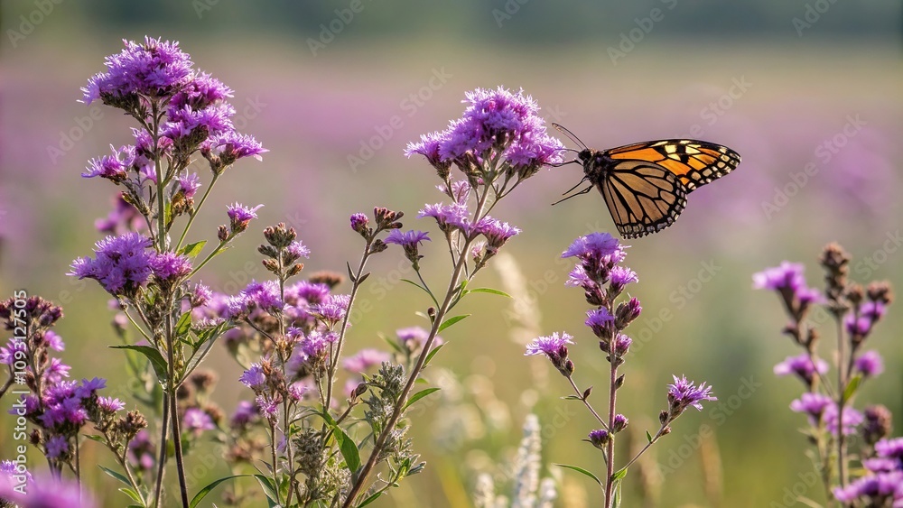 In the midst of a vibrant field of purple wildflowers a butterfly with shimmering wings pauses in mid-air as it sips nectar from a bloom, flying insect, aerial view, shimmering wings, nectar, In the midst of a vibrant field of purple wildflowers a butterfly with shimmering wings pauses in mid-air as it sips nectar from a bloom, flying insect, aerial view, shimmering wings, nectar,