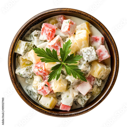 Classic Russian salad with mayonnaise Olivier in bowl isolated on white background photo