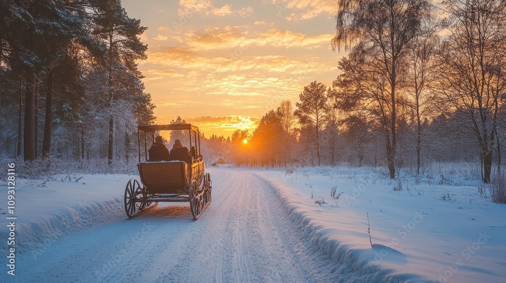 Horse drawn carriage on a snowy road. Perfect for winter, holiday, and transportation themes. Horse drawn carriage on a snowy road. Perfect for winter, holiday, and transportation themes.