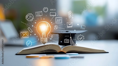 Symbolic Image of Education Featuring a Luminous Lightbulb on an Open Book with a Graduation Cap Surrounded by Digital Course and E Learning Icons Enhanced by a Soft Dreamy Bokeh Effect