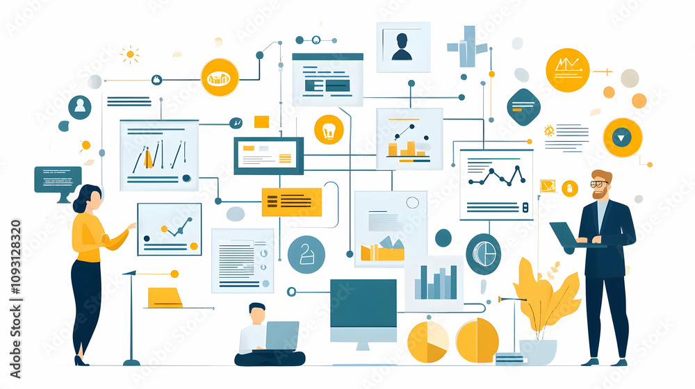 Illustration - Business Data Analysis, Collaboration, and Workflow Visualization Illustration - Business Data Analysis, Collaboration, and Workflow Visualization