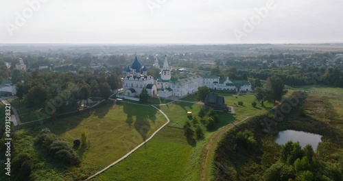 Suzdal Kremlin. Russian city with orthodox churches and monasteries. Aerial 2015