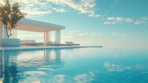 Modern luxury outdoor pool, clean-lined architecture, sun loungers under a pergola, bright and airy scene with clear reflections on the water, minimalist decor, photorealistic style,