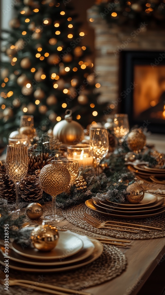 Christmas dinner table setting by fireplace with golden cutlery Christmas dinner table setting by fireplace with golden cutlery