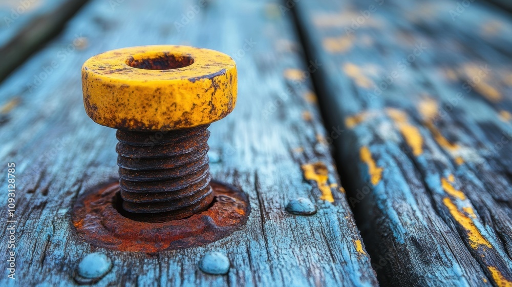 A weathered blue wooden surface with a rusty bolt and a vibrant yellow cap showcases the beauty of textures and colors in industrial design A weathered blue wooden surface with a rusty bolt and a vibrant yellow cap showcases the beauty of textures and colors in industrial design