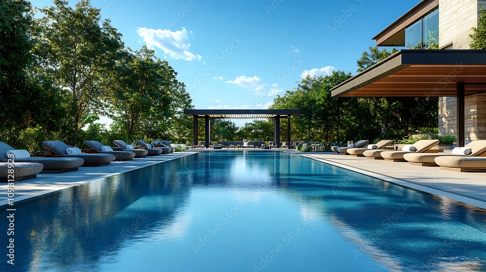 Obraz premium Modern outdoor pool with sleek, clean lines, crystal-clear water reflecting the blue sky, stylish sun loungers neatly aligned, a contemporary pergola providing shade, minimalist design, sharp focus,