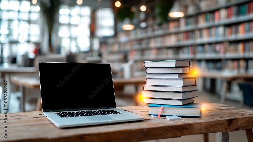 Vibrant digital learning scene showcasing a laptop and a stack of glowing books on a rustic wooden table surrounded by a blurred library ambiance Vibrant digital learning scene showcasing a laptop and a stack of glowing books on a rustic wooden table surrounded by a blurred library ambiance